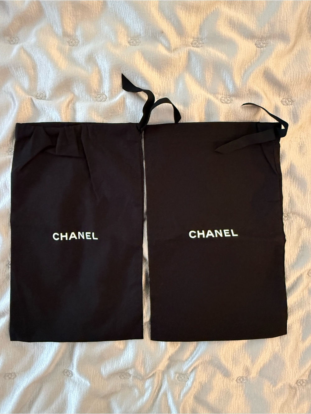 CHANEL Black Drawstring Dust Bags with White Logo (Pair)